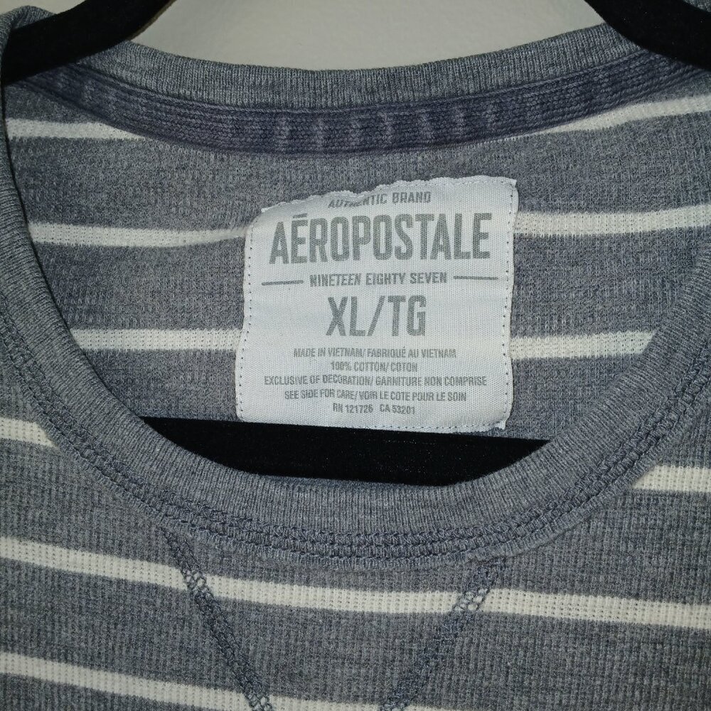 MENS AEROPOSTLE THERMAL PULLOVER, LONG SLEEVE, GRAY WITH WHITE STRIPE, SIZE XL - Picture 4 of 5